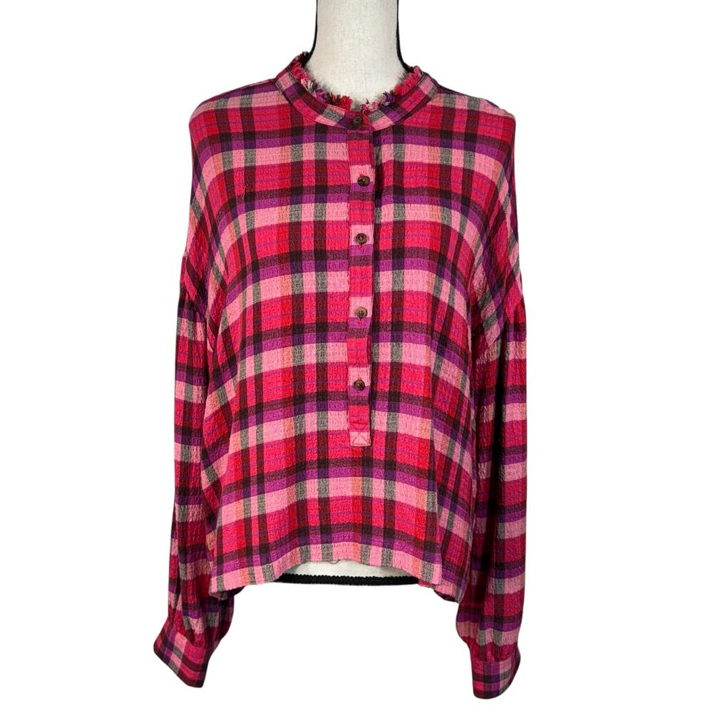 Pilcro Anthropologie X-Large Top Plaid Hi-Low Fringe Long Sleeves Hi-Low Stretch